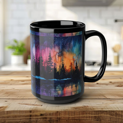 Aurora Forest Black Ceramic Mug | Northern Lights Nightscape Coffee Cup | 11oz & 15oz Mug