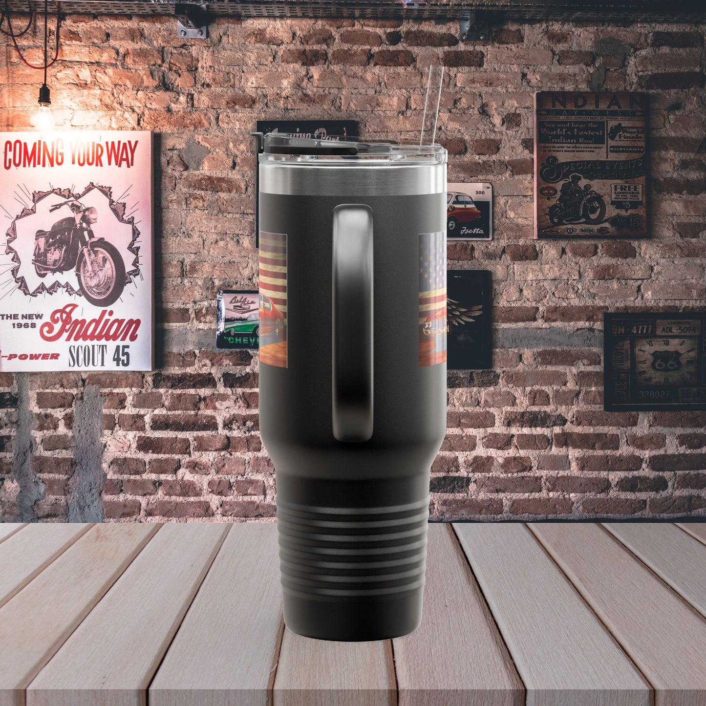 40oz Insulated Travel Mug — Vintage Pickup & American Flag Design