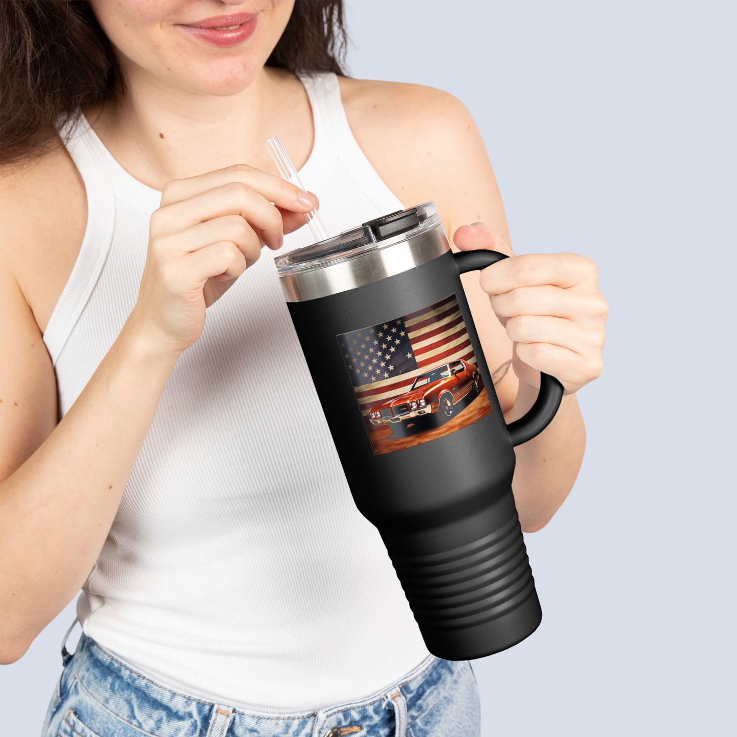 40oz Insulated Travel Mug — Vintage Pickup & American Flag Design