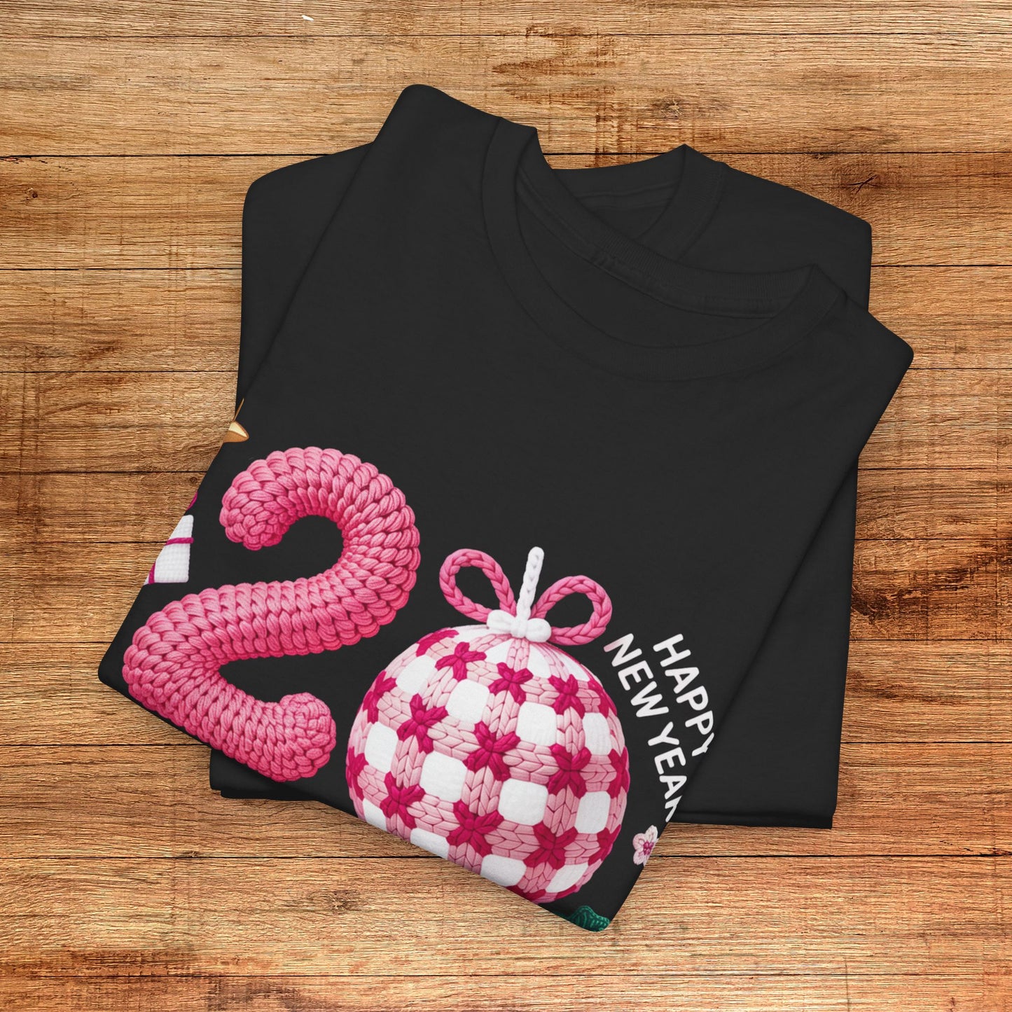 2026 Christmas Knit Style T-Shirt – Cozy Holiday Graphic Tee with Pink Plaid Ornament & Festive Details