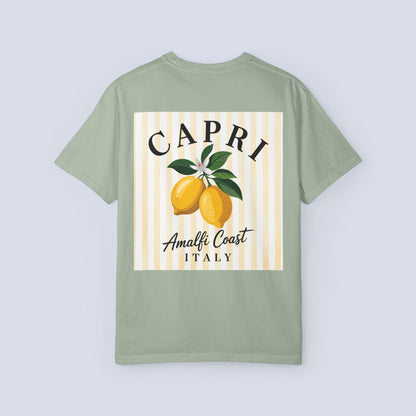 Amalfi Coast Lemon Capri Postcard T-Shirt, Front and Back Design, Comfort Colors 1717, sizes S-4X