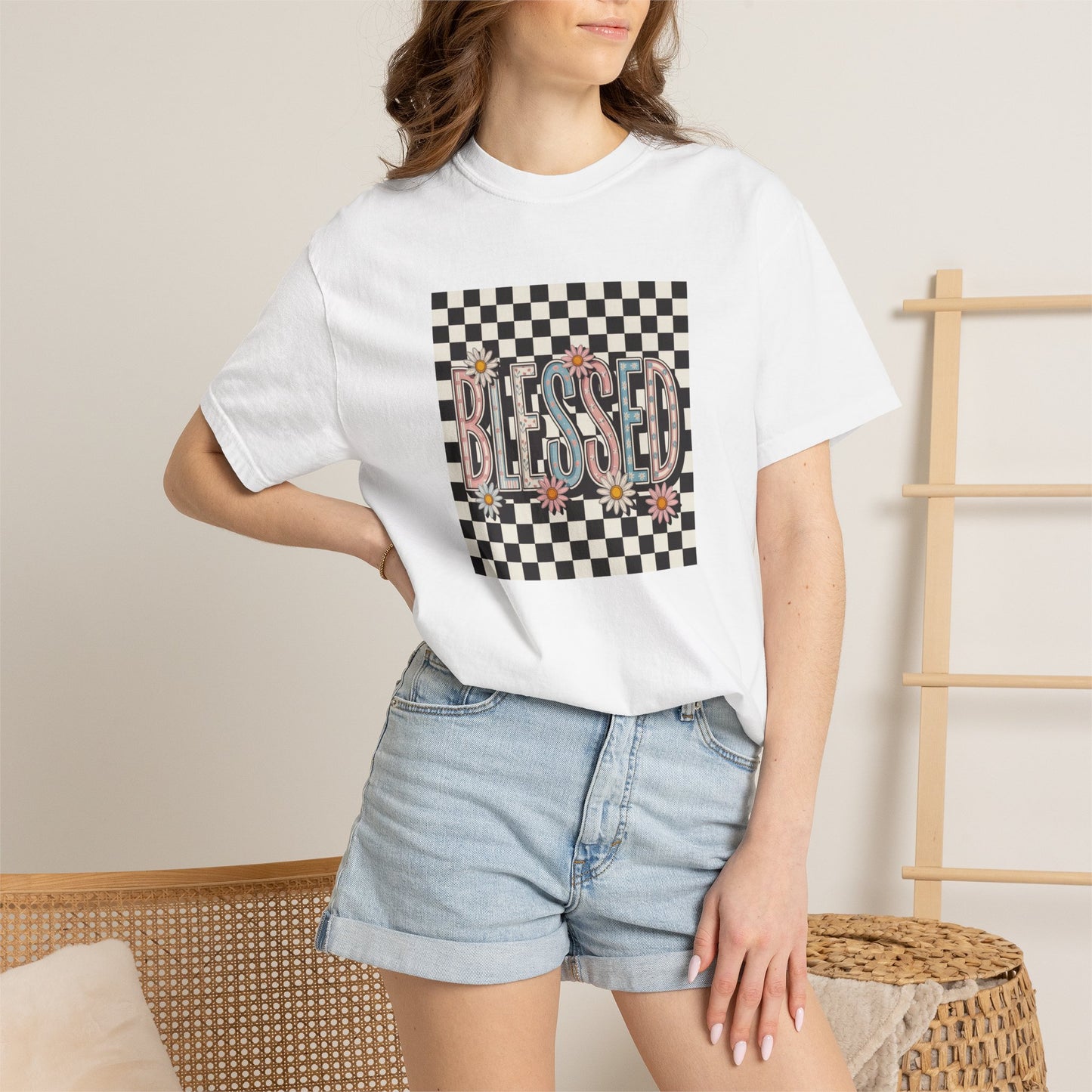 Blessed Checkerboard Floral Shirt | Retro Aesthetic Graphic Tee | Cute Trendy Boutique T-Shirt | Comfort Colors 1717 Unisex Tee