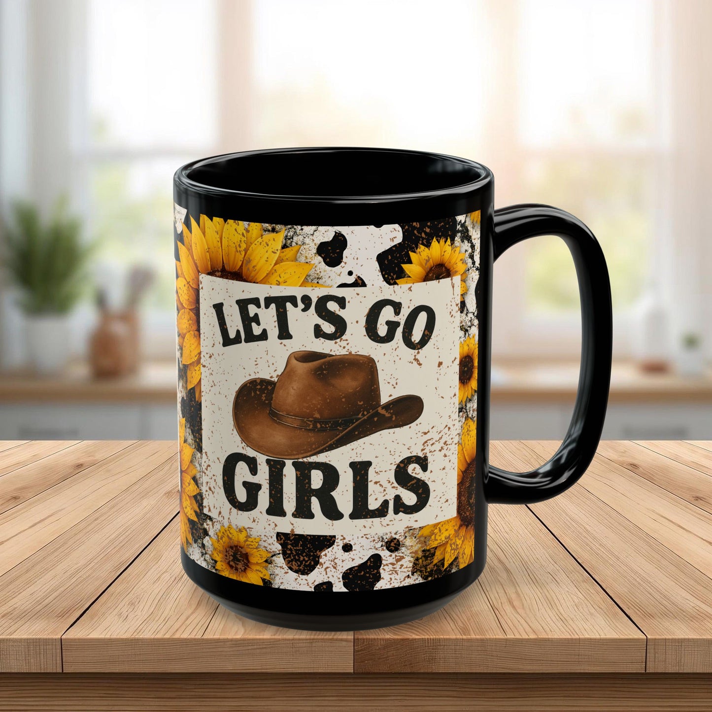 Let’s Go Girls Black Ceramic Mug, Country Sunflower Coffee Cup 11oz & 15oz