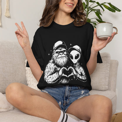 Alien & Sasquatch Heart Tee — Funny UFO Bigfoot Graphic T-Shirt