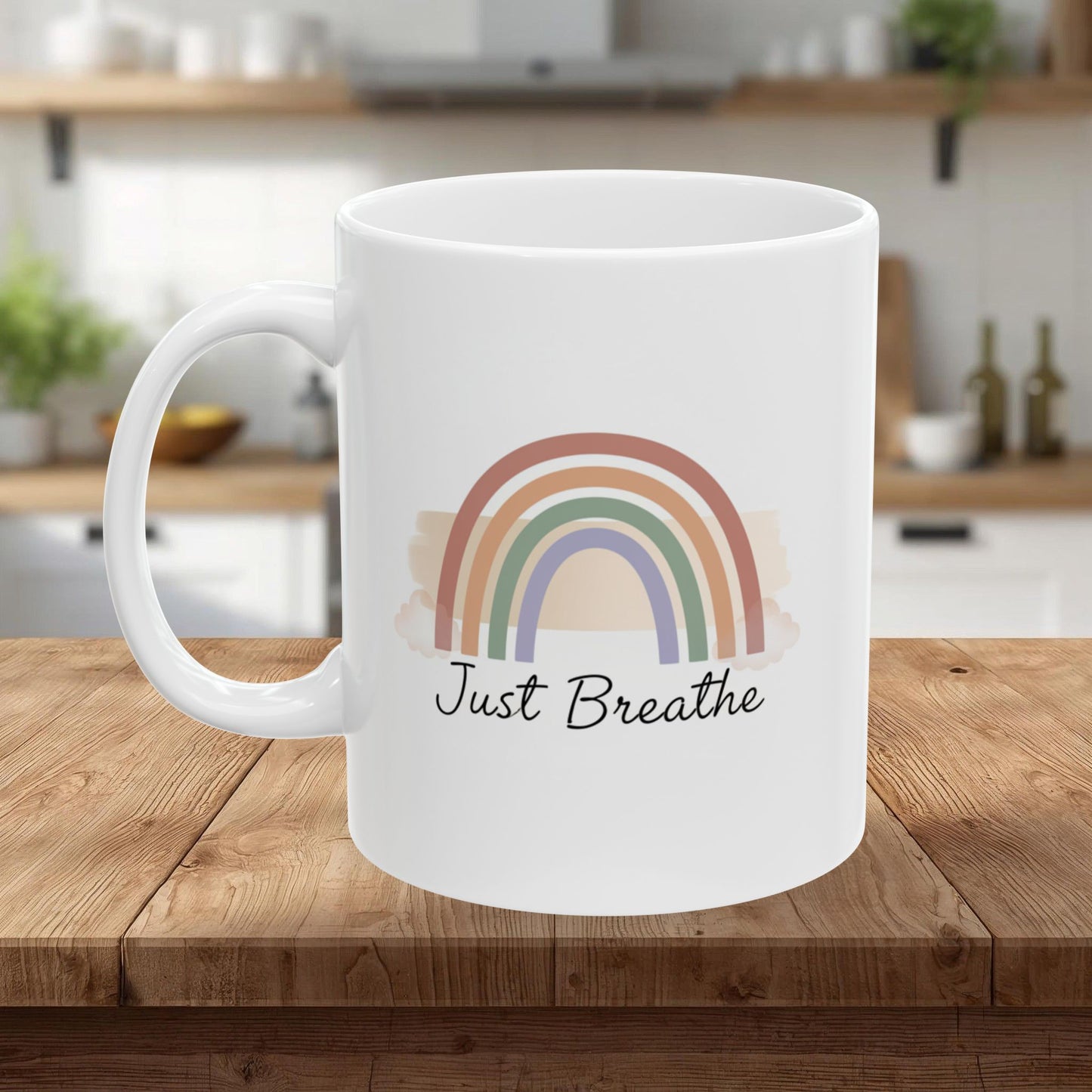 Inspirational Rainbow Ceramic Mug — "Just Breathe" Coffee Cup, Gift Mug  (11oz/15oz)