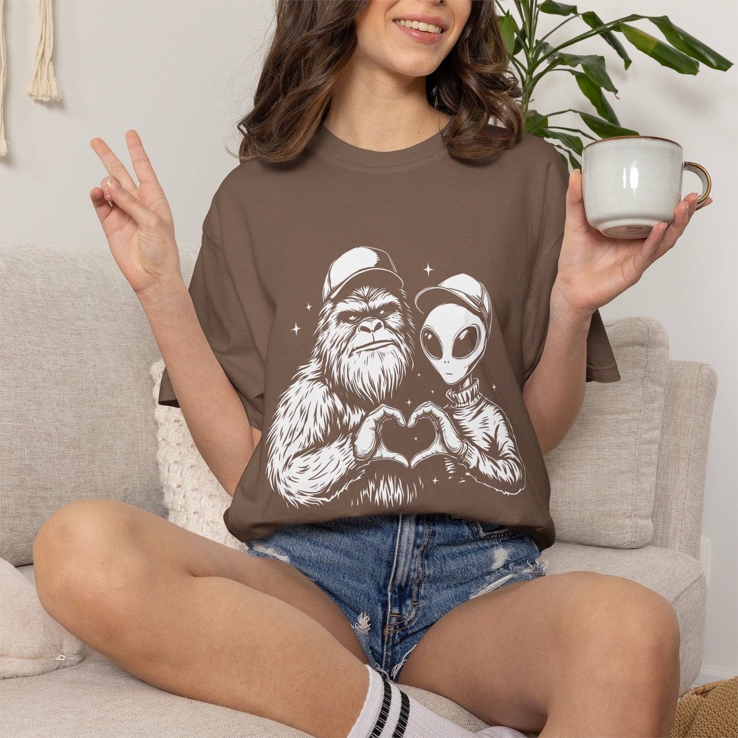 Alien & Sasquatch Heart Tee — Funny UFO Bigfoot Graphic T-Shirt