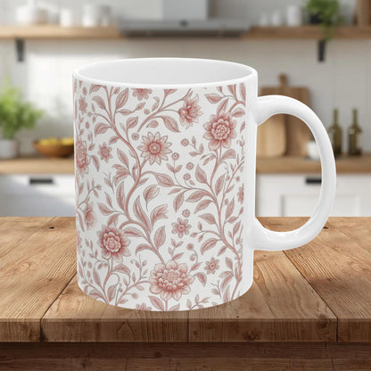 Vintage Rose Floral Ceramic Mug – Pink Botanical Pattern / Gift Mug(11oz & 15oz)