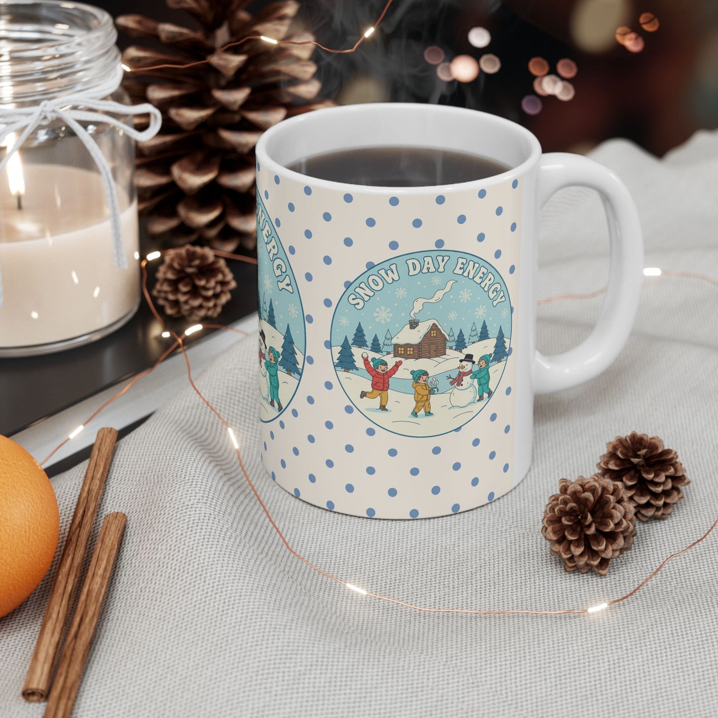Snow Day Memories Ceramic Mug — Cozy Cabin Winter Scene/ Gift Mug (11oz & 15oz)