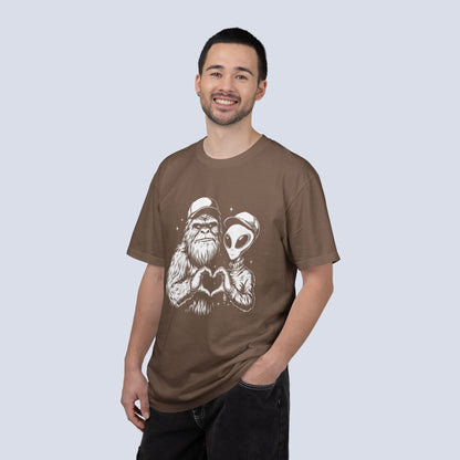 Alien & Sasquatch Heart Tee — Funny UFO Bigfoot Graphic T-Shirt