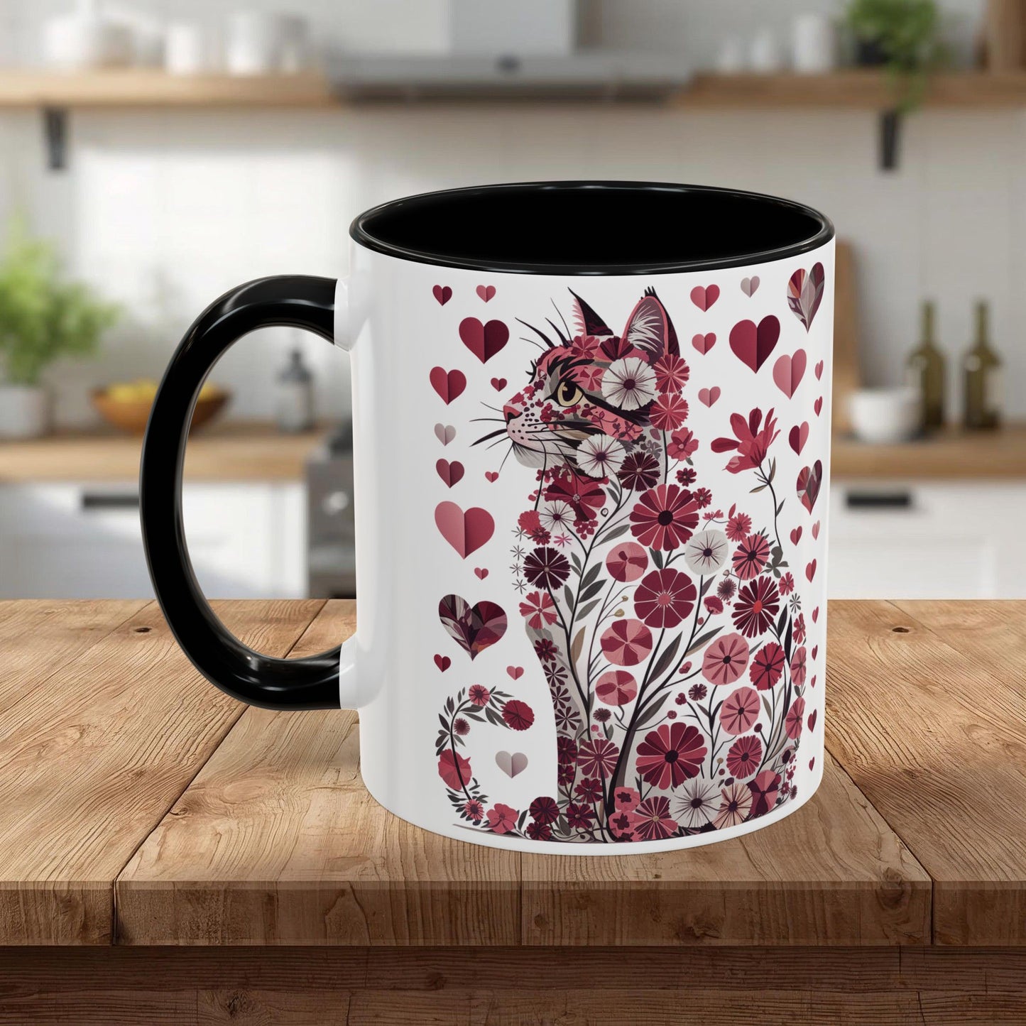 Floral Cat Heart Accent Coffee Mug — Gift Mug (11/15oz)