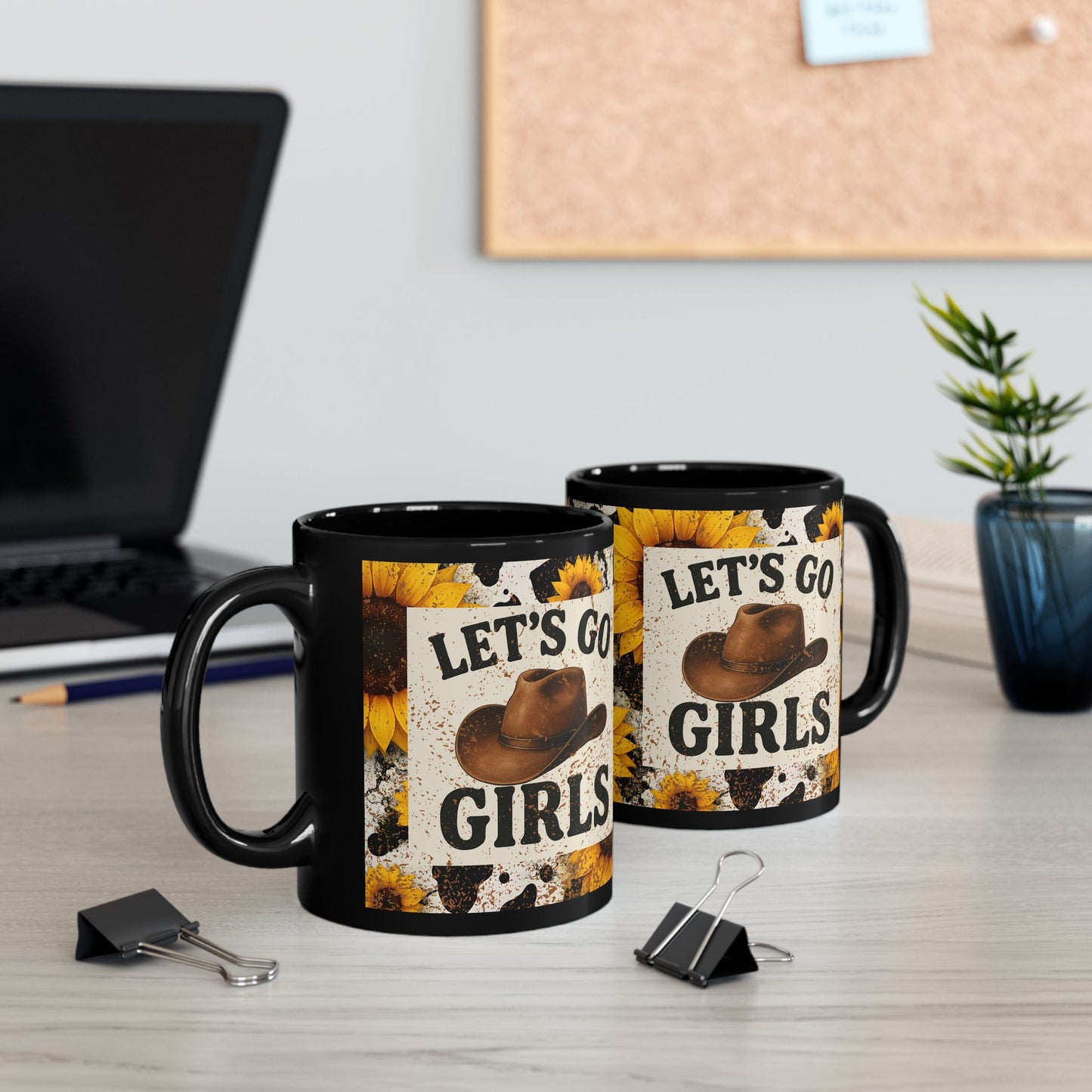 Let’s Go Girls Black Ceramic Mug, Country Sunflower Coffee Cup 11oz & 15oz