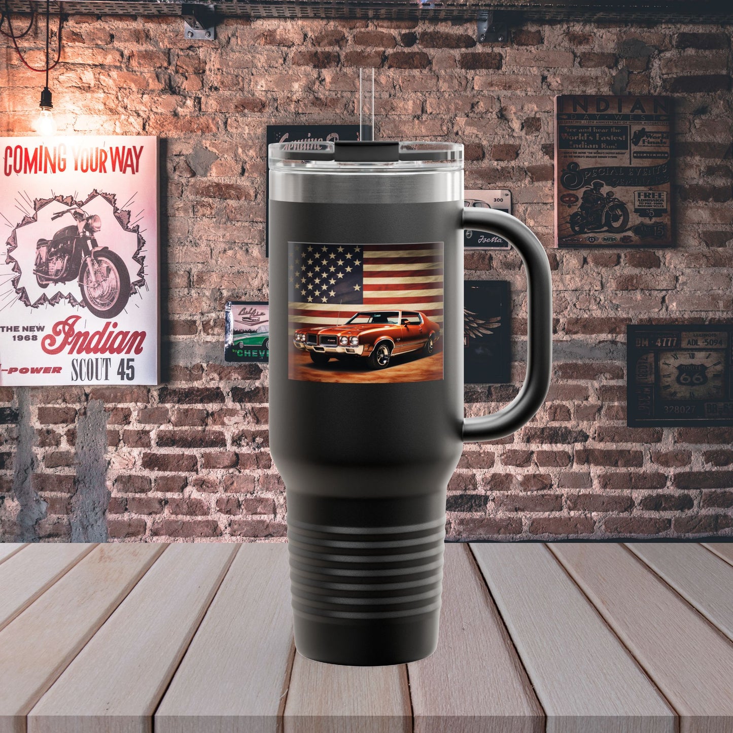 40oz Insulated Travel Mug — Vintage Pickup & American Flag Design