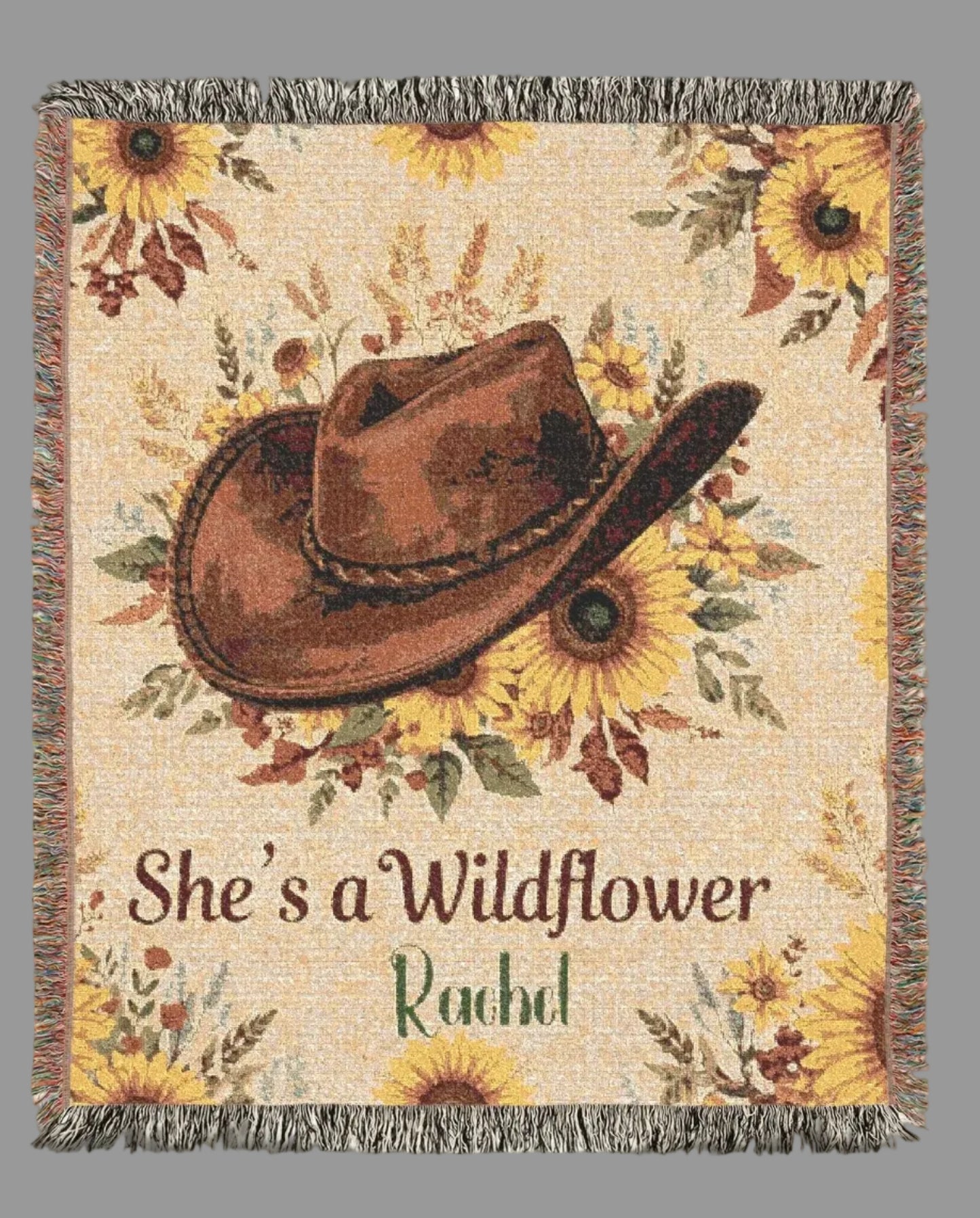 Custom Woven Blanket Cowboy Hat & Sunflowers – Personalized “She’s a Wildflower” Throw, Western Boho Floral Blanket Gift