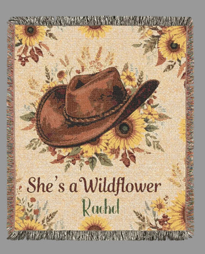 Custom Woven Blanket Cowboy Hat & Sunflowers – Personalized “She’s a Wildflower” Throw, Western Boho Floral Blanket Gift