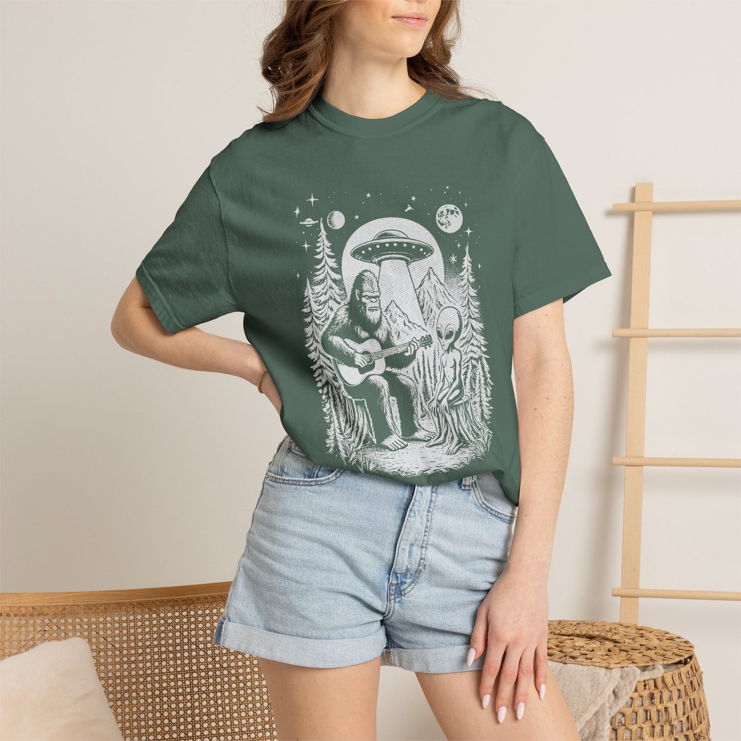 Alien & Bigfoot Campfire T-Shirt — Guitar-Playing Astronaut & UFO Night Scene