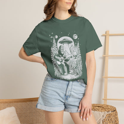 Alien & Bigfoot Campfire T-Shirt — Guitar-Playing Astronaut & UFO Night Scene