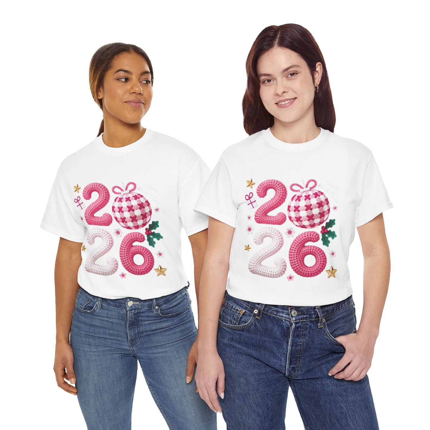 2026 Christmas Knit Style T-Shirt – Cozy Holiday Graphic Tee with Pink Plaid Ornament & Festive Details