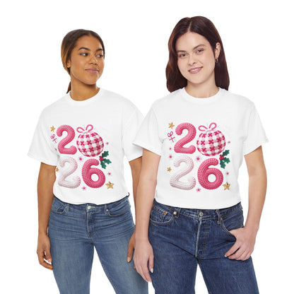 2026 Christmas Knit Style T-Shirt – Cozy Holiday Graphic Tee with Pink Plaid Ornament & Festive Details