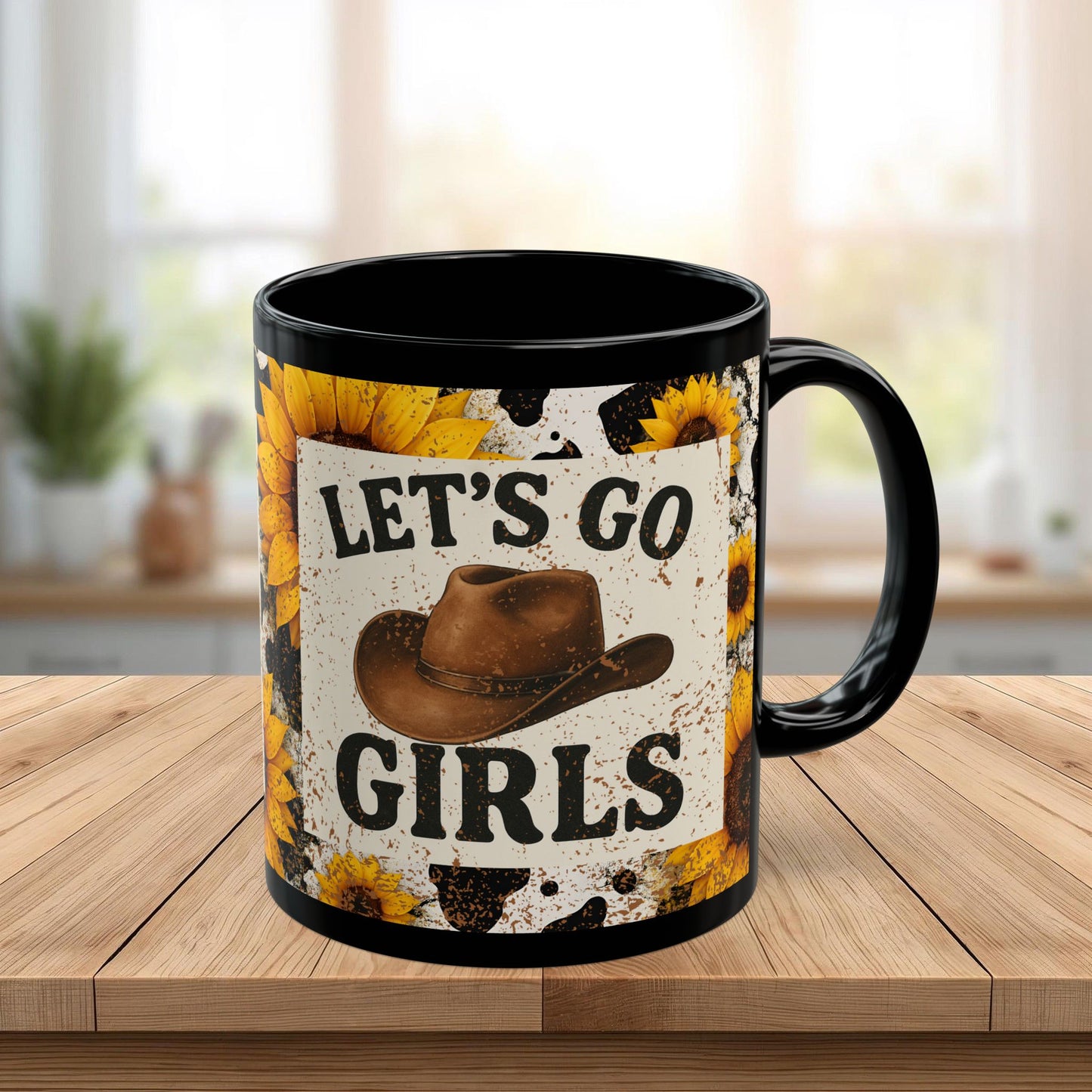 Let’s Go Girls Black Ceramic Mug, Country Sunflower Coffee Cup 11oz & 15oz