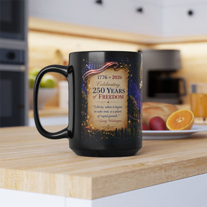 250th America’s Birthday Flag Mug — Patriotic Fireworks Coffee Cup