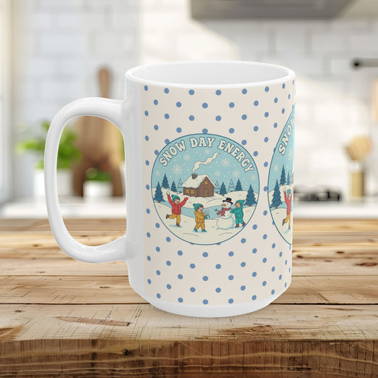 Snow Day Memories Ceramic Mug — Cozy Cabin Winter Scene/ Gift Mug (11oz & 15oz)