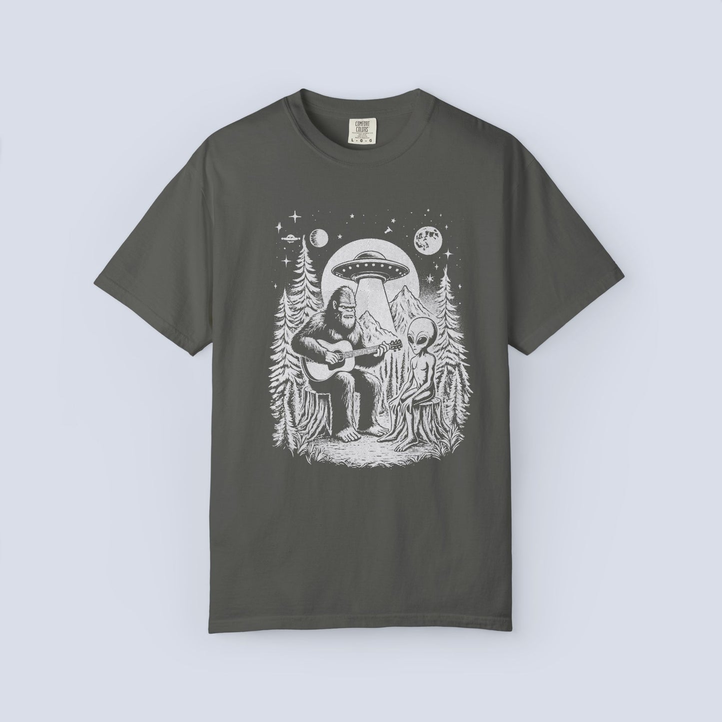 Alien & Bigfoot Campfire T-Shirt — Guitar-Playing Astronaut & UFO Night Scene