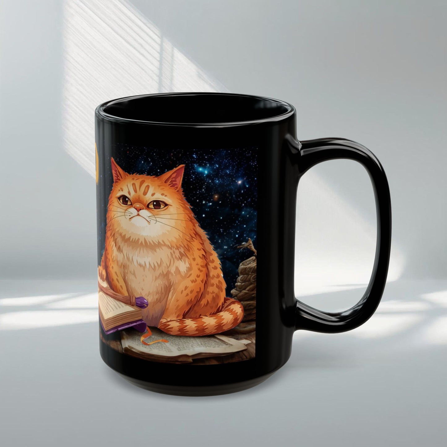 Magical Owl & Cat Mug – Black Fantasy Coffee Cup 11 oz-15 oz