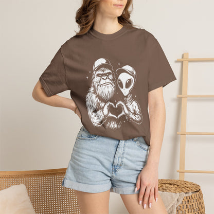 Alien & Sasquatch Heart Tee — Funny UFO Bigfoot Graphic T-Shirt