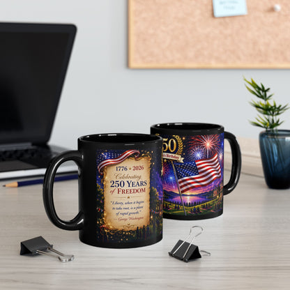250th America’s Birthday Flag Mug — Patriotic Fireworks Coffee Cup