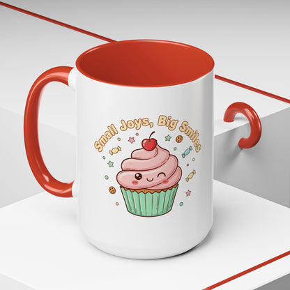 Cupcake Mug - "Small Joys, Big Smiles" Cute Kawaii Accent Coffee Mug/ Gift Mug (11/15oz)