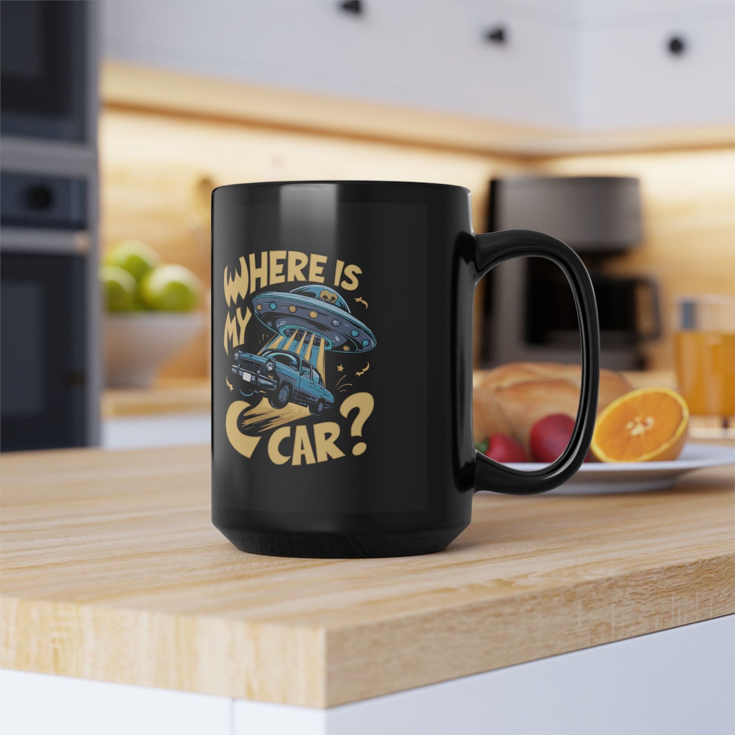 Funny UFO Car Mug – “Where Is My Car?” Alien Abduction Coffee Cup – Retro Sci-Fi Humor Black Ceramic Mug for Car Lovers (11 - 15 oz)