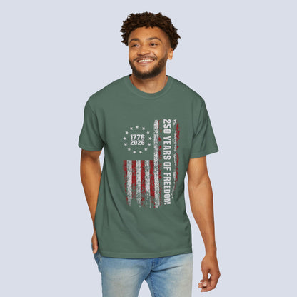 "250 Years of Freedom 1776–2026" Distressed American Flag Patriotic Tee