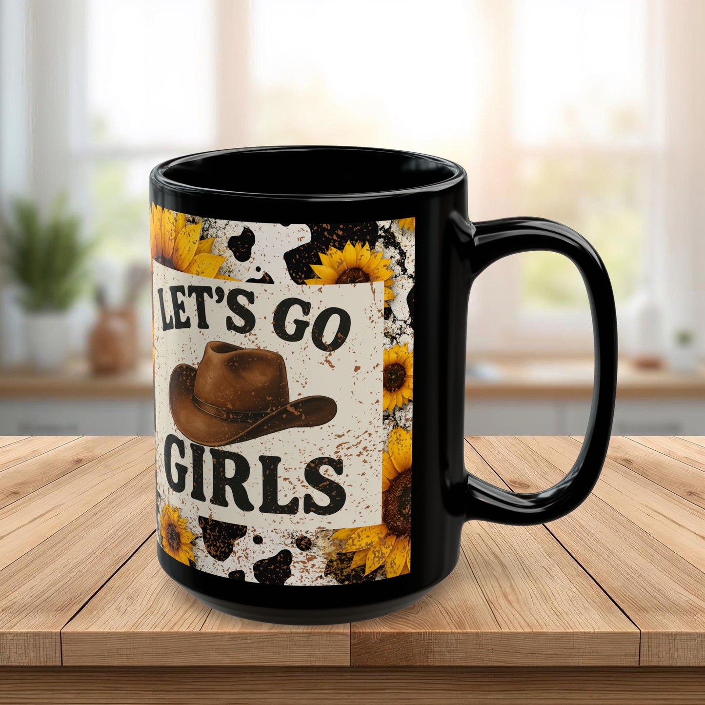 Let’s Go Girls Black Ceramic Mug, Country Sunflower Coffee Cup 11oz & 15oz