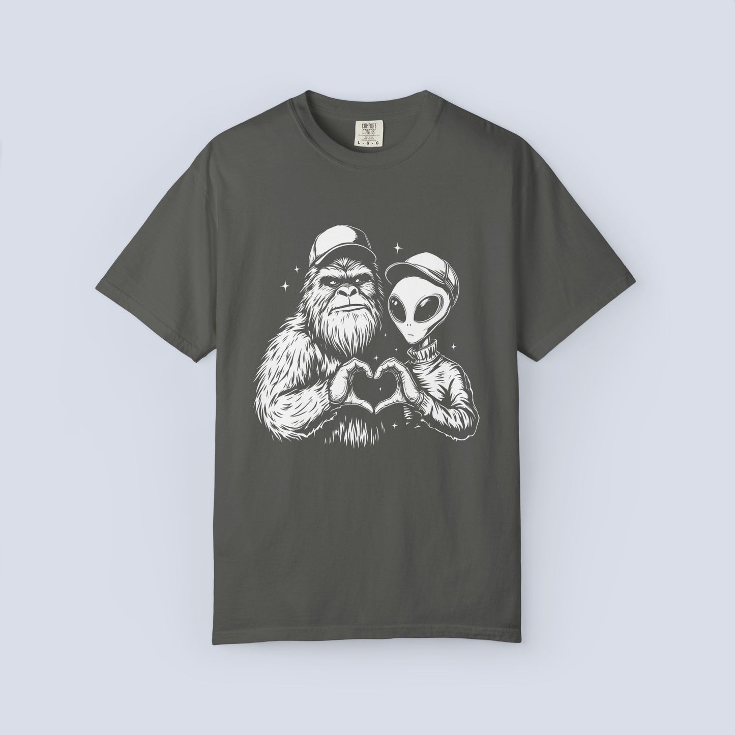 Alien & Sasquatch Heart Tee — Funny UFO Bigfoot Graphic T-Shirt