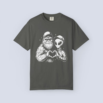 Alien & Sasquatch Heart Tee — Funny UFO Bigfoot Graphic T-Shirt