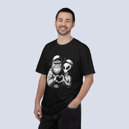Alien & Sasquatch Heart Tee — Funny UFO Bigfoot Graphic T-Shirt