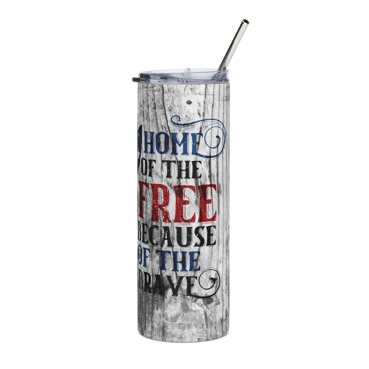 Home of the Free Because of the Brave Tumbler | Patriotic Eagle 20 oz Skinny Stainless Steel Cup | Military Veteran Tribute Drinkware