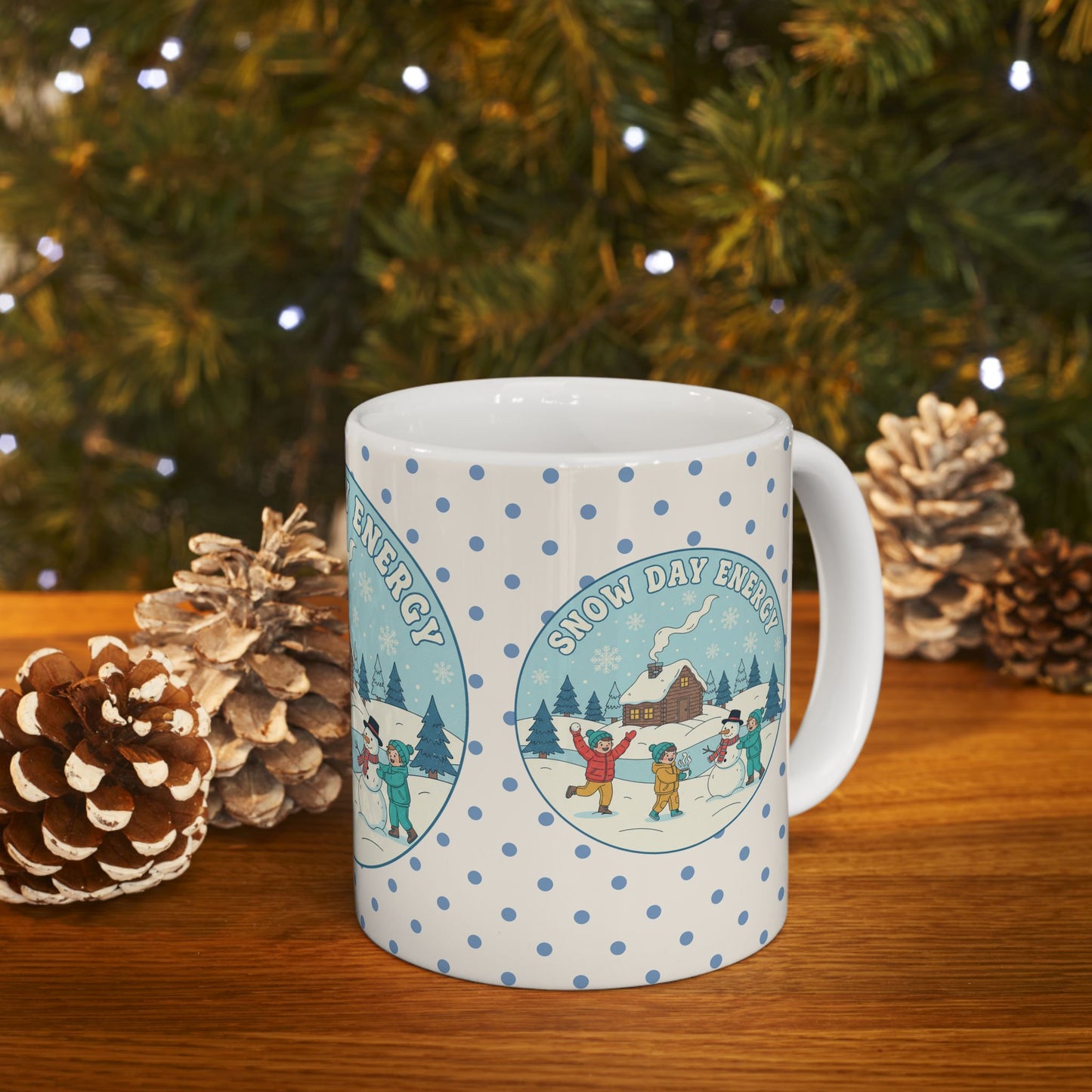 Snow Day Memories Ceramic Mug — Cozy Cabin Winter Scene/ Gift Mug (11oz & 15oz)