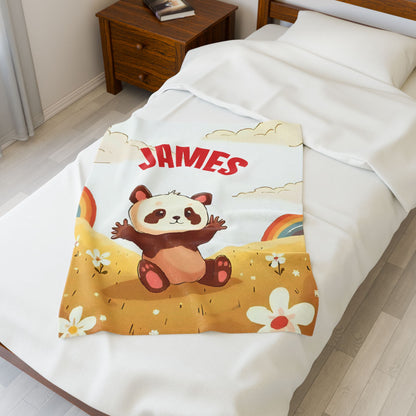 Personalized Kids Panda Blanket – Custom Name Plush Throw with Rainbows, Flowers & Cute Cartoon Panda| Soft Nursery & Toddler Gift