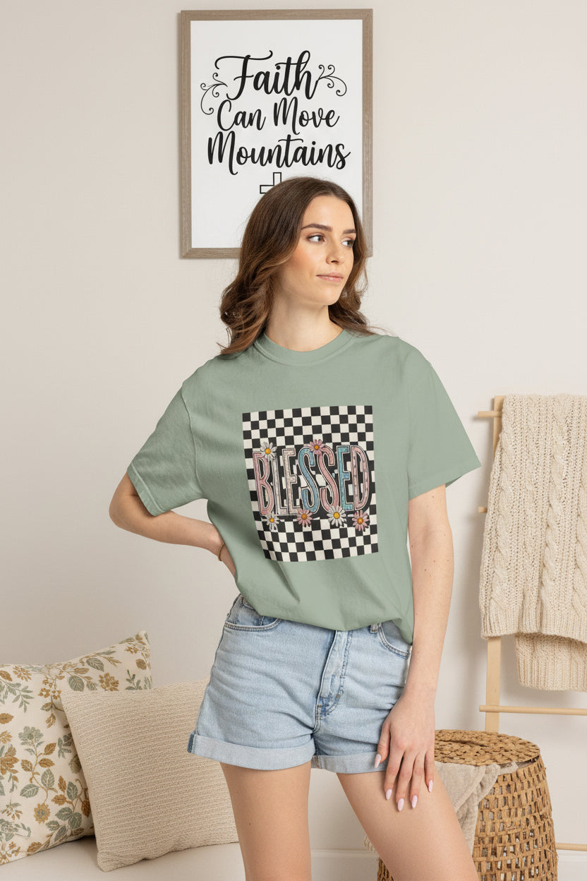Blessed Checkerboard Floral Shirt | Retro Aesthetic Graphic Tee | Cute Trendy Boutique T-Shirt | Comfort Colors 1717 Unisex Tee