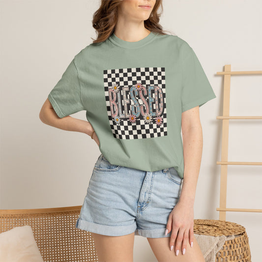 Blessed Checkerboard Floral Shirt | Retro Aesthetic Graphic Tee | Cute Trendy Boutique T-Shirt | Comfort Colors 1717 Unisex Tee