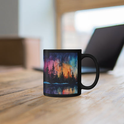 Aurora Forest Black Ceramic Mug | Northern Lights Nightscape Coffee Cup | 11oz & 15oz Mug