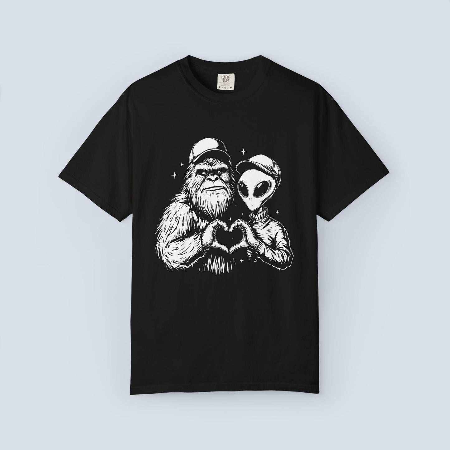 Alien & Sasquatch Heart Tee — Funny UFO Bigfoot Graphic T-Shirt