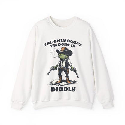 Funny Frog Sweatshirt – Cozy Crewneck with Cowboy Boots & Cheeky Quote “The Only Squat I’m Doin’ is Diddly” – Humorous Casual Fleece Pullover