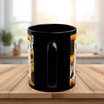 Let’s Go Girls Black Ceramic Mug, Country Sunflower Coffee Cup 11oz & 15oz
