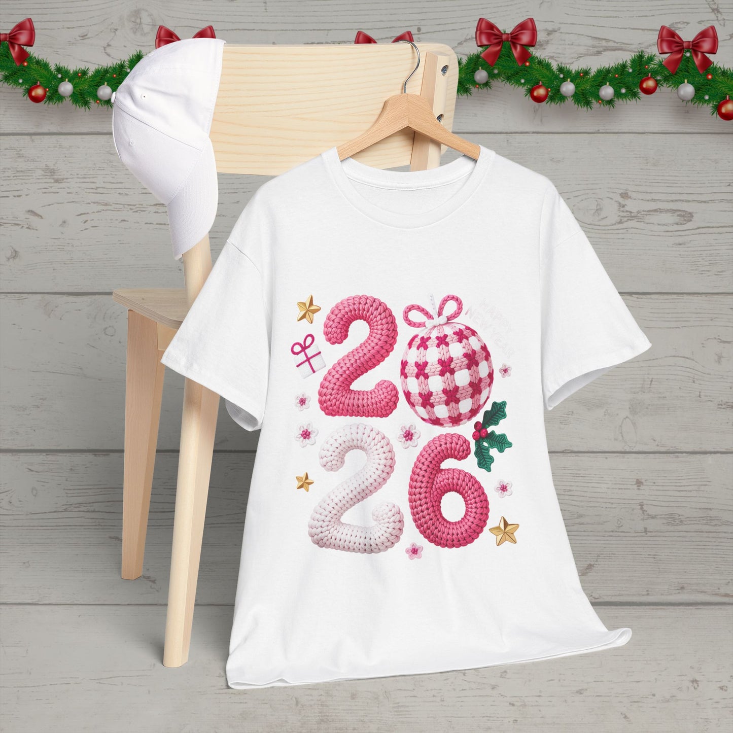 2026 Christmas Knit Style T-Shirt – Cozy Holiday Graphic Tee with Pink Plaid Ornament & Festive Details