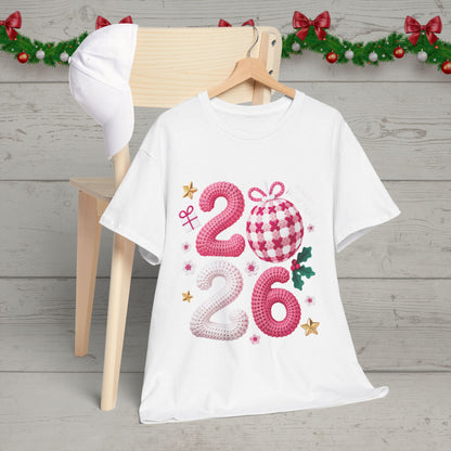2026 Christmas Knit Style T-Shirt – Cozy Holiday Graphic Tee with Pink Plaid Ornament & Festive Details