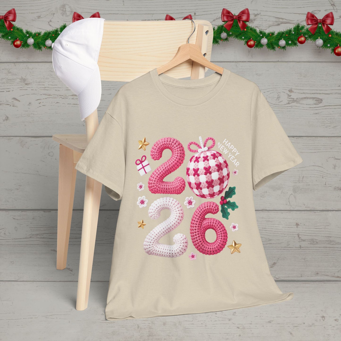 2026 Christmas Knit Style T-Shirt – Cozy Holiday Graphic Tee with Pink Plaid Ornament & Festive Details