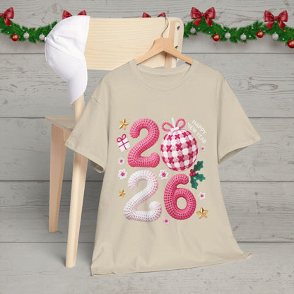 2026 Christmas Knit Style T-Shirt – Cozy Holiday Graphic Tee with Pink Plaid Ornament & Festive Details