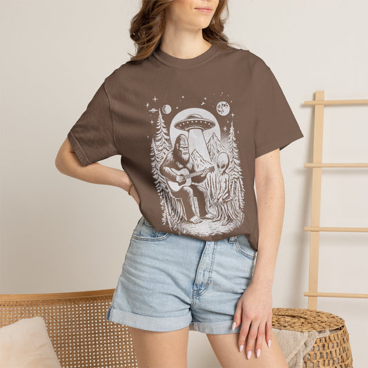 Alien & Bigfoot Campfire T-Shirt — Guitar-Playing Astronaut & UFO Night Scene